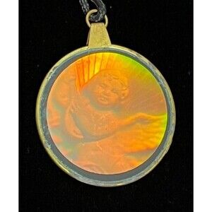 Hologram Vintage Necklace Pendant 3D Glass Cherub Baby Angel Musical‎ Instrument